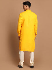 Vastramay Men's Yellow And Cream Cotton Blend Kurta Pyjama Set