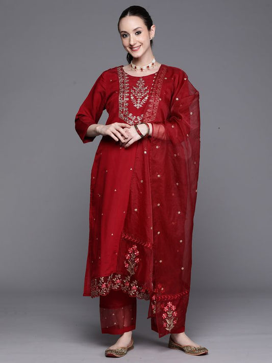 Indo Era Maroon Embroidered Ethnic Straight Kurta Trousers With Dupatta Set