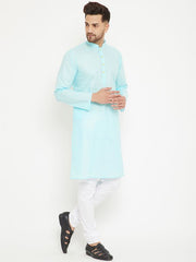 VM by Vastramay Men's Aqua Blue And White Cotton Kurta Pyjama Set