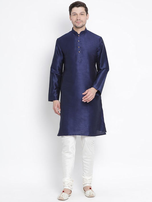 VM by Vastramay Men's Dark Blue Silk Blend Kurta Pyjama Set