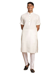 VM by Vastramay Men's Cream And White Cotton Blend Kurta Pyjama Set