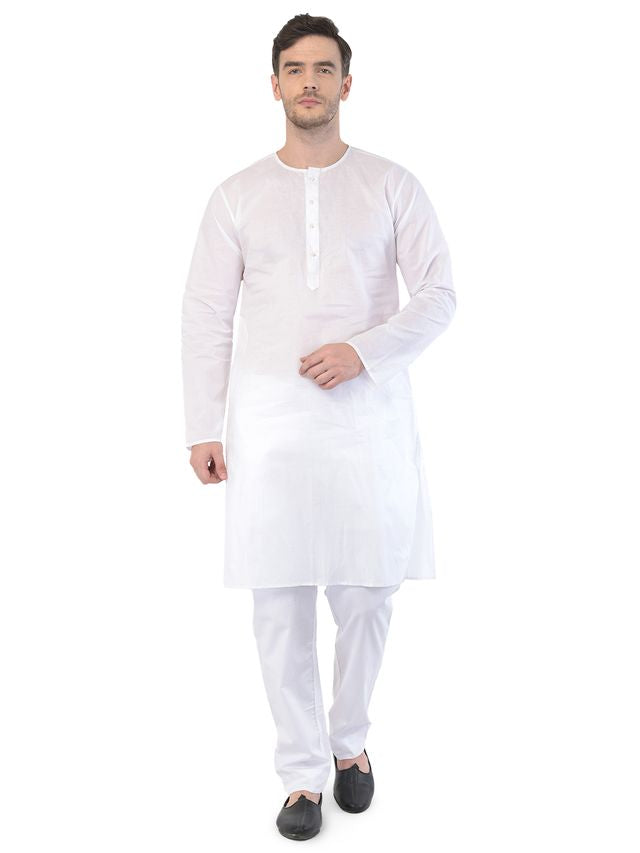 Vastramay Men's White Cotton Addi Kurta Pyjama Set