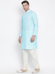 Vastramay Men's Light Blue Cotton Linen Blend Kurta Pyjama Set