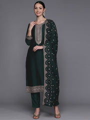 Indo Era Green Embroidered Straight Kurta Trousers With Dupatta Set