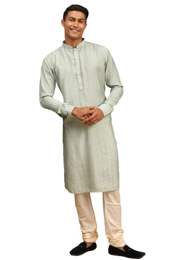 Shrestha By Vastramay Men's Green And Cream Cotton Blend Kurta Pyjama Set