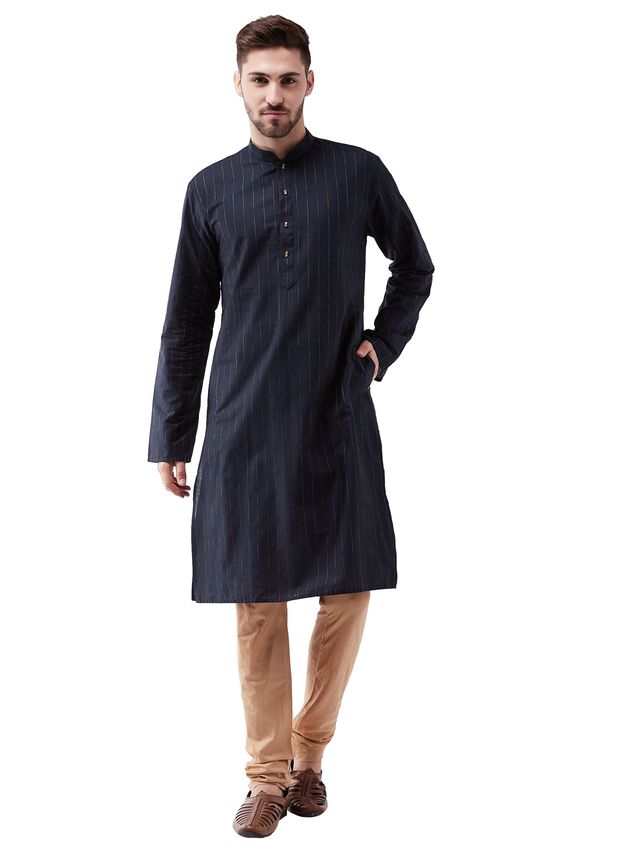 Vastramay Men's Navy Blue And Rose Gold Cotton Blend Kurta Pyjama Set