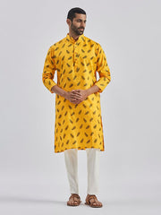 VASTRAMAY Men's Yellow Muslin Cotton Kurta Pyjama Set