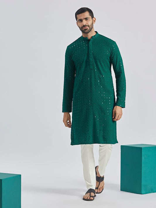 VASTRAMAY Men's Green And White Rayon Cotton Kurta Pyjama Set