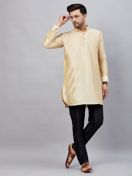 VM Men's Gold And Black Cotton Blend Kurta Pyjama Set