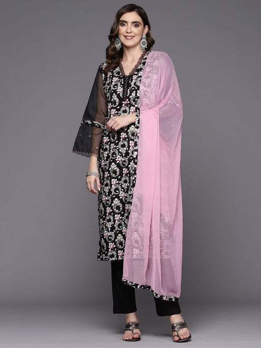 Indo Era Black Printed Straight Kurta Trousers With Dupatta Set