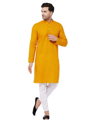 Vastramay Men's Mustard And White Cotton Linen Kurta Pyjama Set