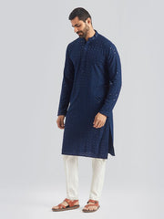 VASTRAMAY Men's Navy Blue And White Rayon Cotton Kurta Pyjama Set