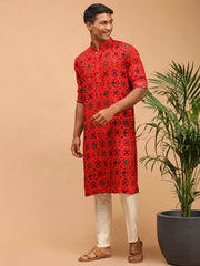 Vastramay Men's Red And Cream Cotton Blend Kurta Pyjama Set