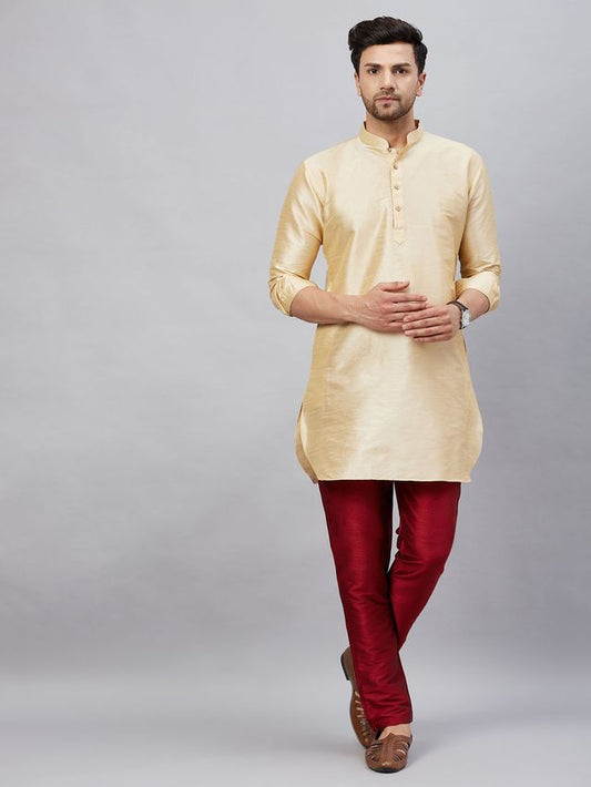 VM Men's Gold And Maroon Cotton Blend Kurta Pyjama Set