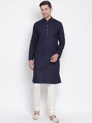 Vastramay Men's Dark Blue Cotton Linen Blend Kurta Pyjama Set