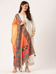 Sangam Prints Orange Art Silk Printed Traditional Tassel Dupatta