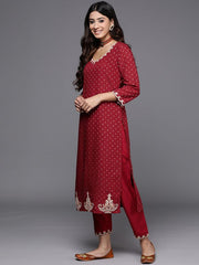 Indo Era Maroon Embroidered Straight Kurta Trousers With Dupatta Set