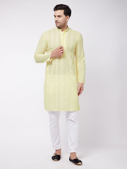 Vastramay Men's Yellow And White Pure Cotton Kurta Pyjama Set