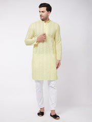 Vastramay Men's Yellow And White Pure Cotton Kurta Pyjama Set