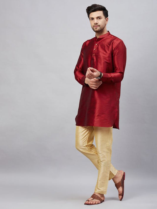 VM Men's Maroon And Gold Cotton Blend Kurta Pyjama Set