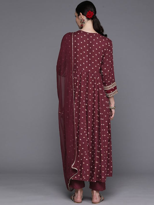 Indo Era Maroon Printed Straight Kurta Trousers With Dupatta Set