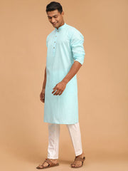 Vastramay Men's Aqua Blue And White Cotton Linen Kurta Pyjama Set