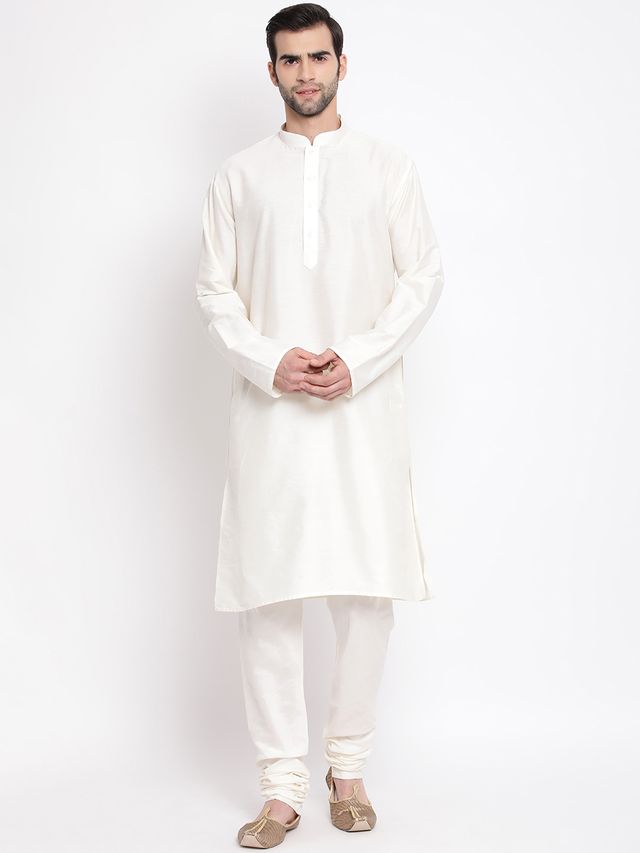 Vastramay Men's Cream Viscose Kurta Pyjama Set