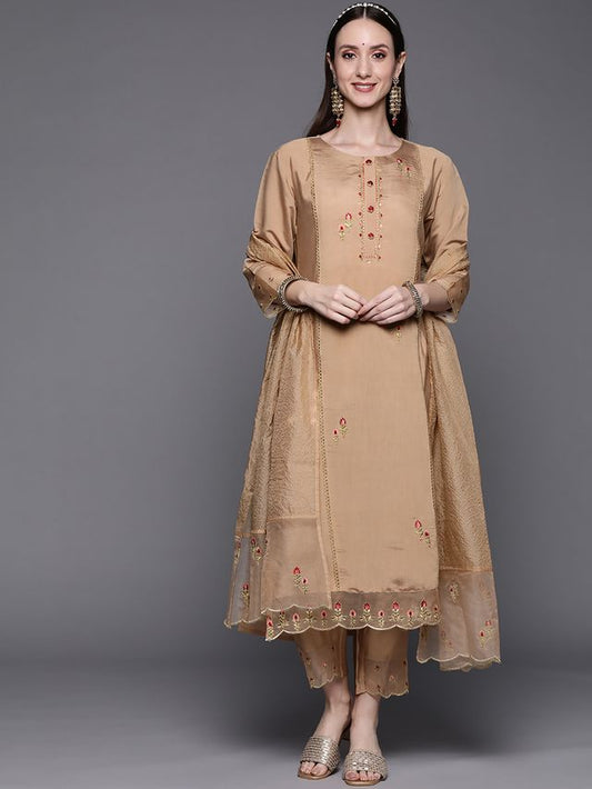 Indo Era Beige Embroidered Straight Kurta Trousers With Dupatta Set