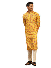 Vastramay Men's Multicolor-Base-Mustard And Cream Muslin Kurta Pyjama Set