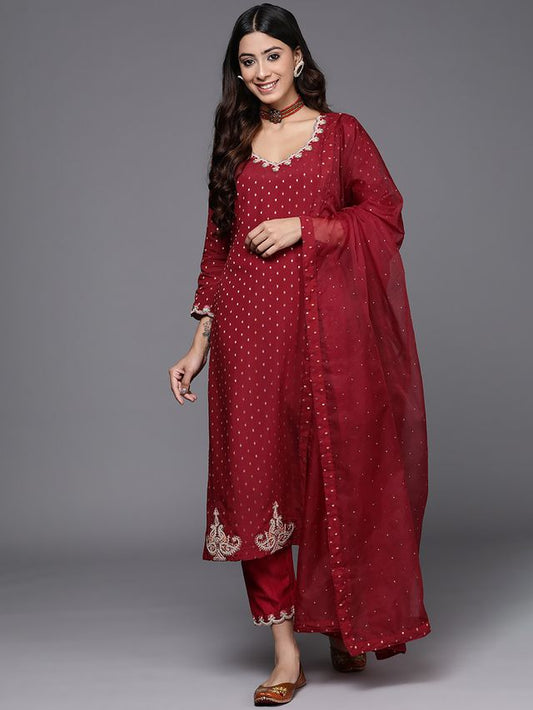 Indo Era Maroon Embroidered Straight Kurta Trousers With Dupatta Set