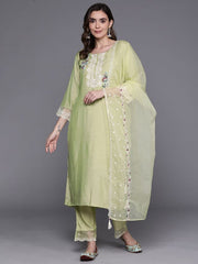 Indo Era Olive Embroidered Straight  Kurta Trousers With Dupatta Set