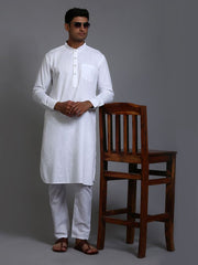 VM Men's White Cotton Linen Kurta Pyjama Set