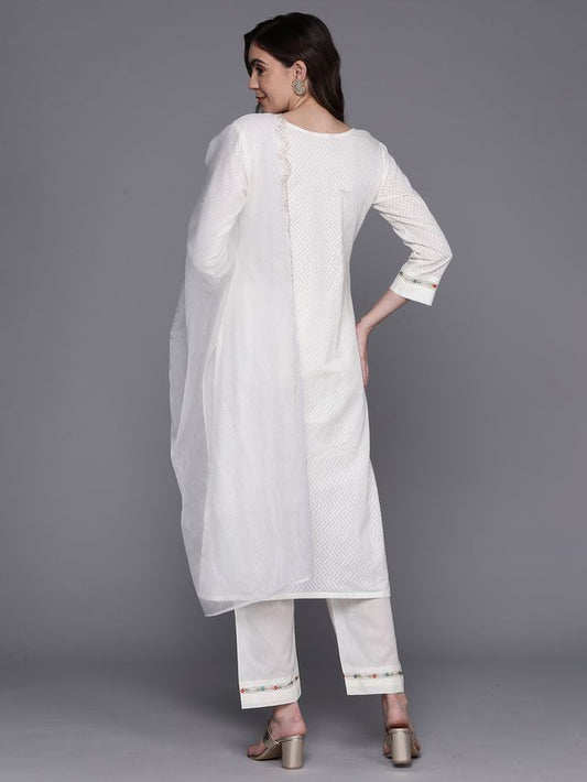 Indo Era White Embroidered Straight  Kurta Trousers With Dupatta Set