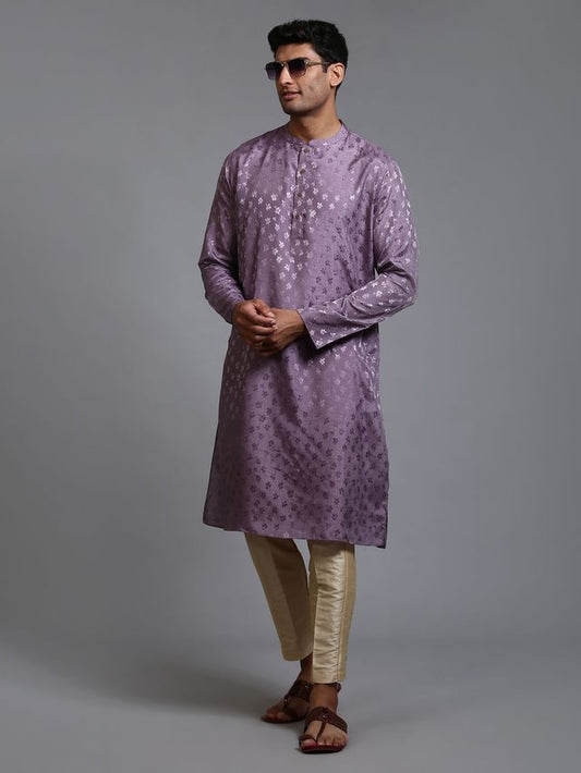 VM Men's Purple And Gold Silk Blend Kurta Pyjama Set