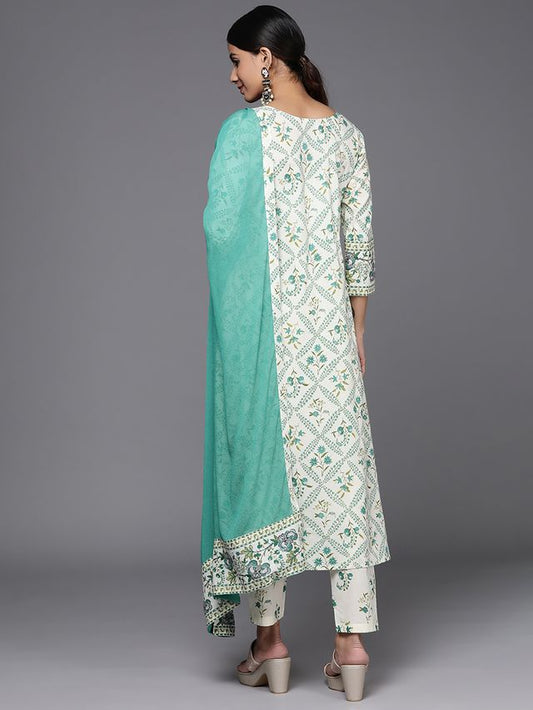 Indo Era Off White Printed A-Line Kurta Trousers With Dupatta Set