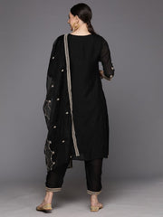 Indo Era Black Embroidered Straight Kurta Trousers With Dupatta Set