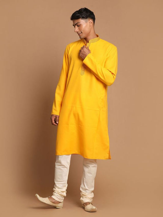 Vastramay Men's Yellow And Cream Cotton Blend Kurta Pyjama Set