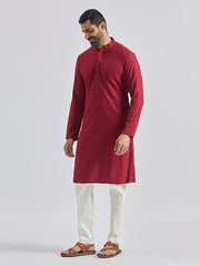 VASTRAMAY Men's Maroon And White Rayon Cotton Kurta Pyjama Set