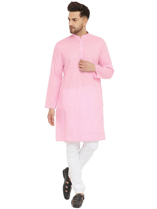 VM by Vastramay Men's Pink And White Cotton Blend Kurta Pyjama Set