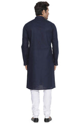 Vastramay Men's Blue Cotton Linen Blend Kurta Pyjama Set