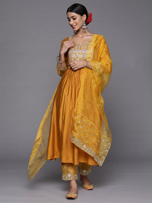 Indo Era Mustard Embroidered Straight Kurta Trousers With Dupatta Set