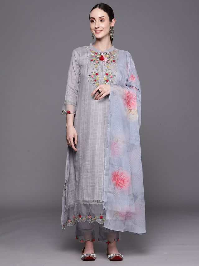 Indo Era Grey Embroidered A-Line Kurta Trousers With Dupatta Set