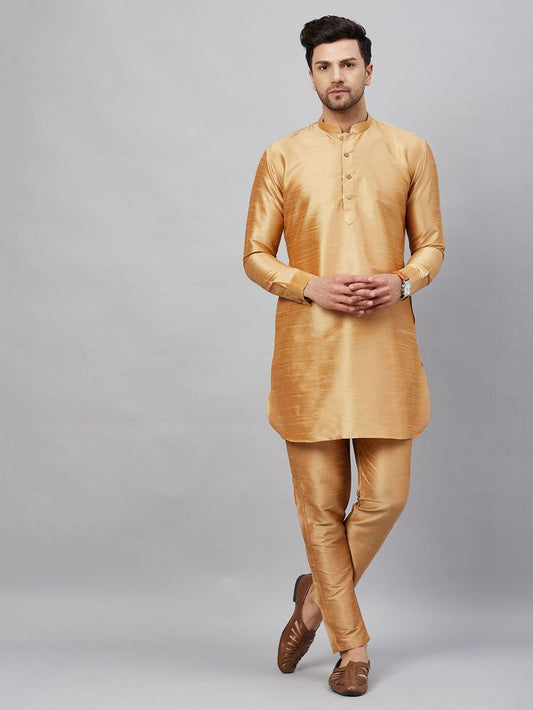 VM Men's Rose Gold And Rose Gold Cotton Blend Kurta Pyjama Set