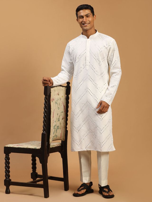 Shrestha By Vastramay Men's White Georgette Kurta Pyjama Set