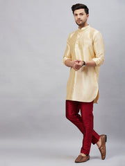 VM Men's Gold And Maroon Cotton Blend Kurta Pyjama Set