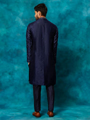 VM Men's Navy Blue Silk Blend Kurta Pyjama Set