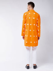 Vastramay Men's Orange And White Pure Cotton Kurta Pyjama Set