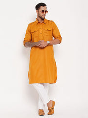 VM Men's Rust And White Cotton Blend Kurta Pyjama Set