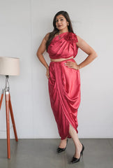 Mush-One Shoulder Pink Top with Pleated Pink Dhoti Skirt Partywear Co-ord Set