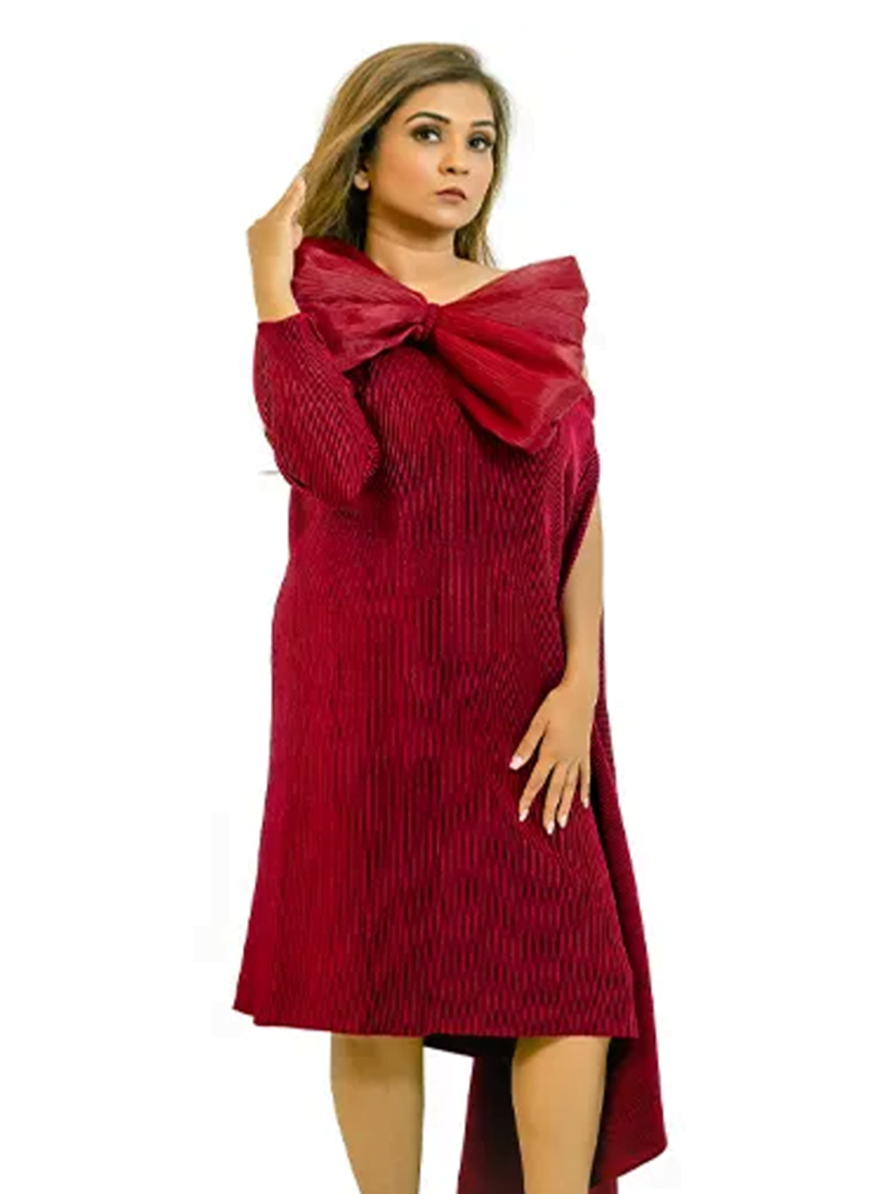 Ria Jain Label Embellished Pleated dress with Bow Maroon